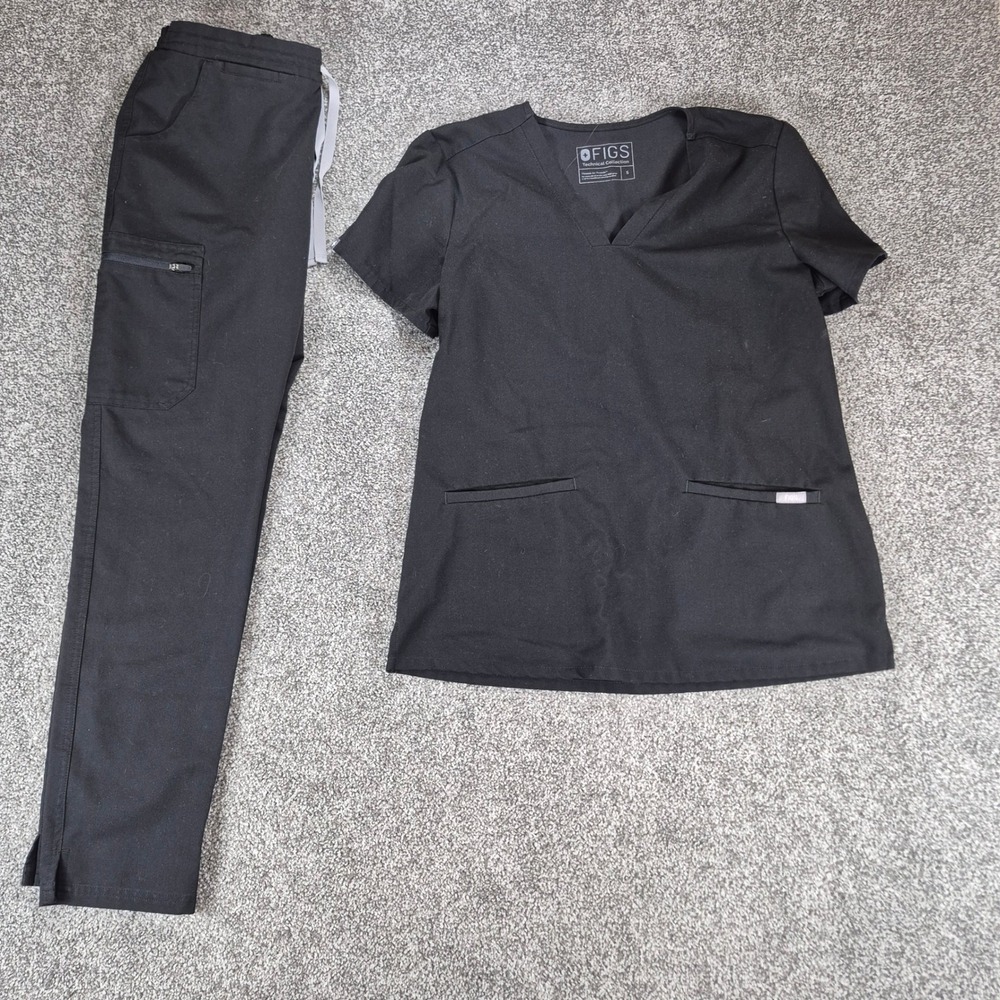 FIGS Black Scrub Set Womens Casma Top (S) & Yola Skinny Scrub Pants (XS)